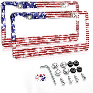MENEONE License Plate Frame, 2 Pack USA Flag Bling Rhinestone License Plate Frame Holder, Metal Rust-Proof American Patriotic Flag Sparkling Diamond License Plate Frame for Car Truck SUV