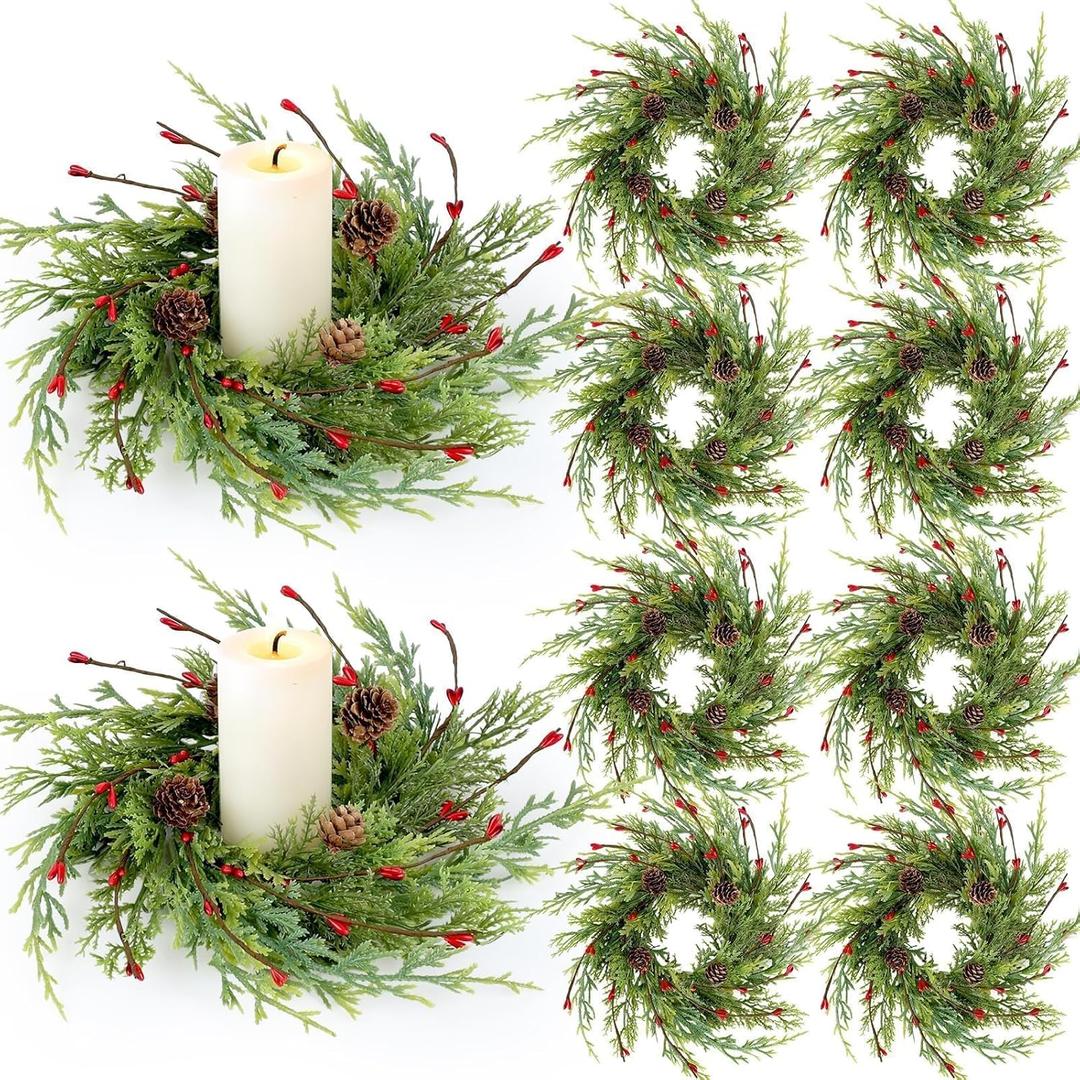 8 Pcs Artificial Christmas Candle Rings 9 Inch Cedar Pine Garland Wreaths with Red Berries Pinecones Wreaths Pine Needles Candle Ring Holder for Christmas Winter Decorations Table Centerpiece