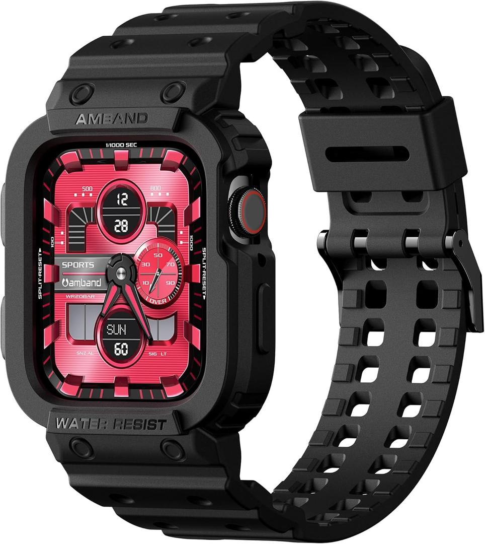 amBand E1 Sport Case Band for Apple Watch Ultra 3/2/1 & SE 3/2/1 & Series 11 10 9 8 7 6 5 4 3 49mm 46mm 45mm 44mm 42mm 41mm 40mm 38mm, Shockproof & Scratch Resistant Rugged Bumper for Men Women (Black)