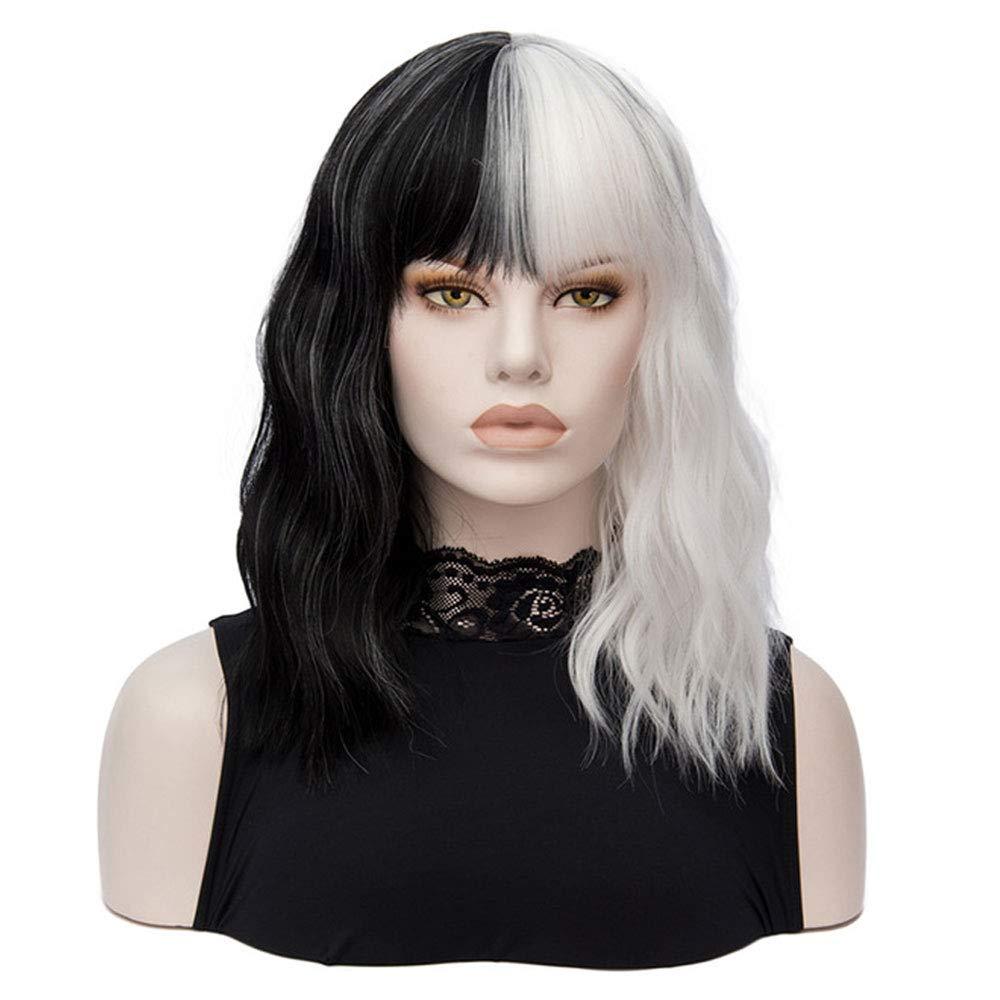 QACCF Short Wavy Shoulder Length Women Full Bang Heat Resistant Wig (Black and White)