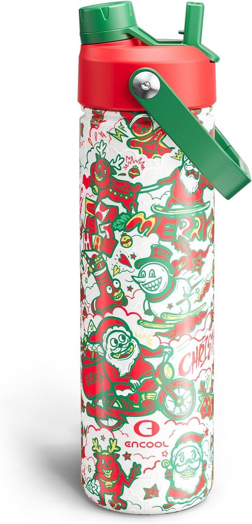 ENCOOL Christmas Insulated Water Bottle with Straw, Stainless Steel Water Bottle, Leak Proof BPA-Free, Keeps Cold for 24 Hours for Sports, Christmas Holiday Gifts for Women, 26 oz, Santa Rider