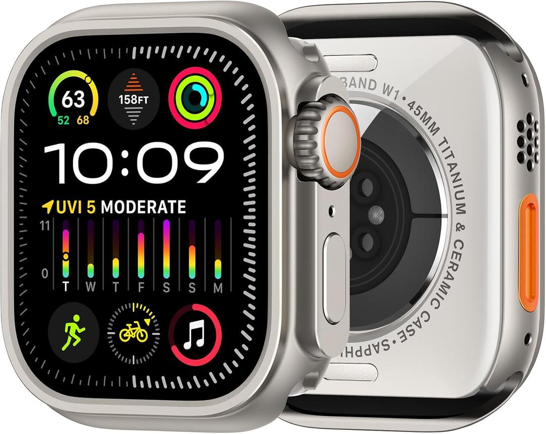 amBand 3 in 1 Metal Case Compatible with Apple Watch Series 9/8/7 45mm, W1 Rugged Bumper Protector [Turning into Ultra 2/1 Upgrade] with Watch Crown + Back Cover, Natural Titanium