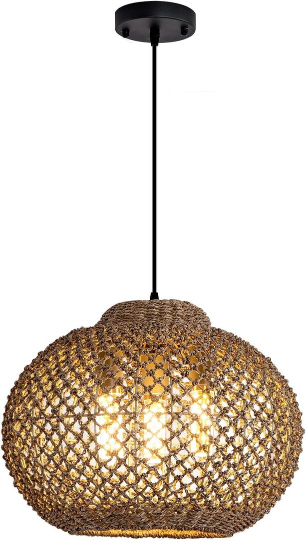 3-Light Wicker Rattan Light Fixture,Seagrass Pendant Lights | 16.54"Hand-Woven bamboo Chandelier,Rattan Hanging Lights,Boho Basket Lamp for Living Room Dining Kitchen Island Farmhouse