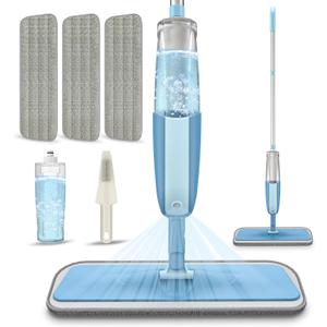 Spray Wet Mops for Hardwood Floor Cleaning: MEXERRIS Dust Dry Mop with 3 Microfiber Washable Mopping Pads - Flat Floor Mop with Sprayer Home Commercial Use for Wood Laminate Ceramic Tiles Vinyl (Cyanine)