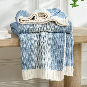 Amélie Home Premium Chenille Throw Blanket, Soft Cozy Luxury Two-Tone Knit Blanket for Couch, Sofa, Chair, Home Decor, Blue & Ivory 50"x60"