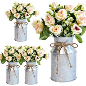 4 Sets Farmhouse Wedding Flower Centerpiece for Tables Decorations, Rustic Artificial Roses Bouquet with Metal Galvanized Vase Pot for Party Bridal Shower Event (Silver Vase & Champagne Roses)