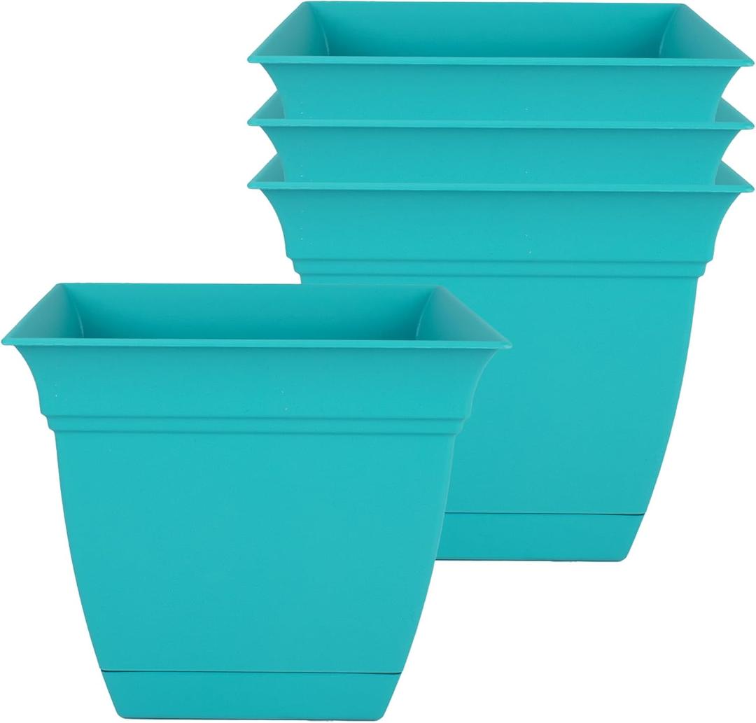 The HC Companies Eclipse Square Plastic Planter w/Attached Saucer - Outdoor & Indoor Plant Pot with Drainage Holes - Lightweight, UV-Resistant Plastic Pots for Plants (6" Teal, Pack of 4)