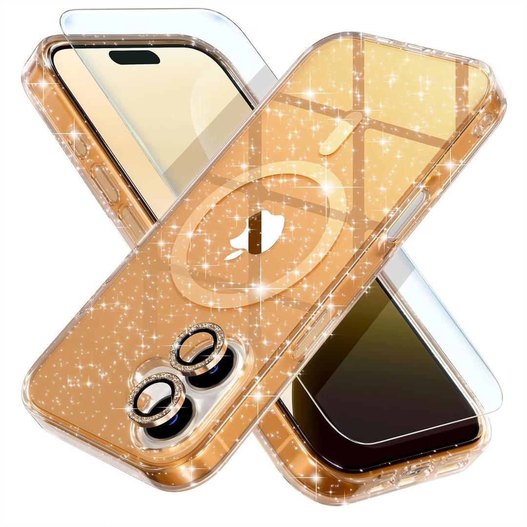Choiche Magnetic for iPhone 17 Case Compatible with MagSafe, Women Cute Glitter Sparkly Phone Case with Diamond Camera Lens Protectors, Military-Grade Drop Protection 6.3" (Gold)