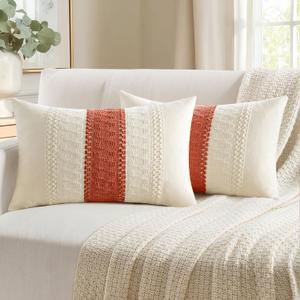 Woaboy Set of 2 Rust Orange Boho Decorative Throw Pillow Covers 12x20 Inch Lumbar Farmhouse Cotton Cushions Modern Home Decor for Livingroom Bedroom Couch Bed Sofa Chair