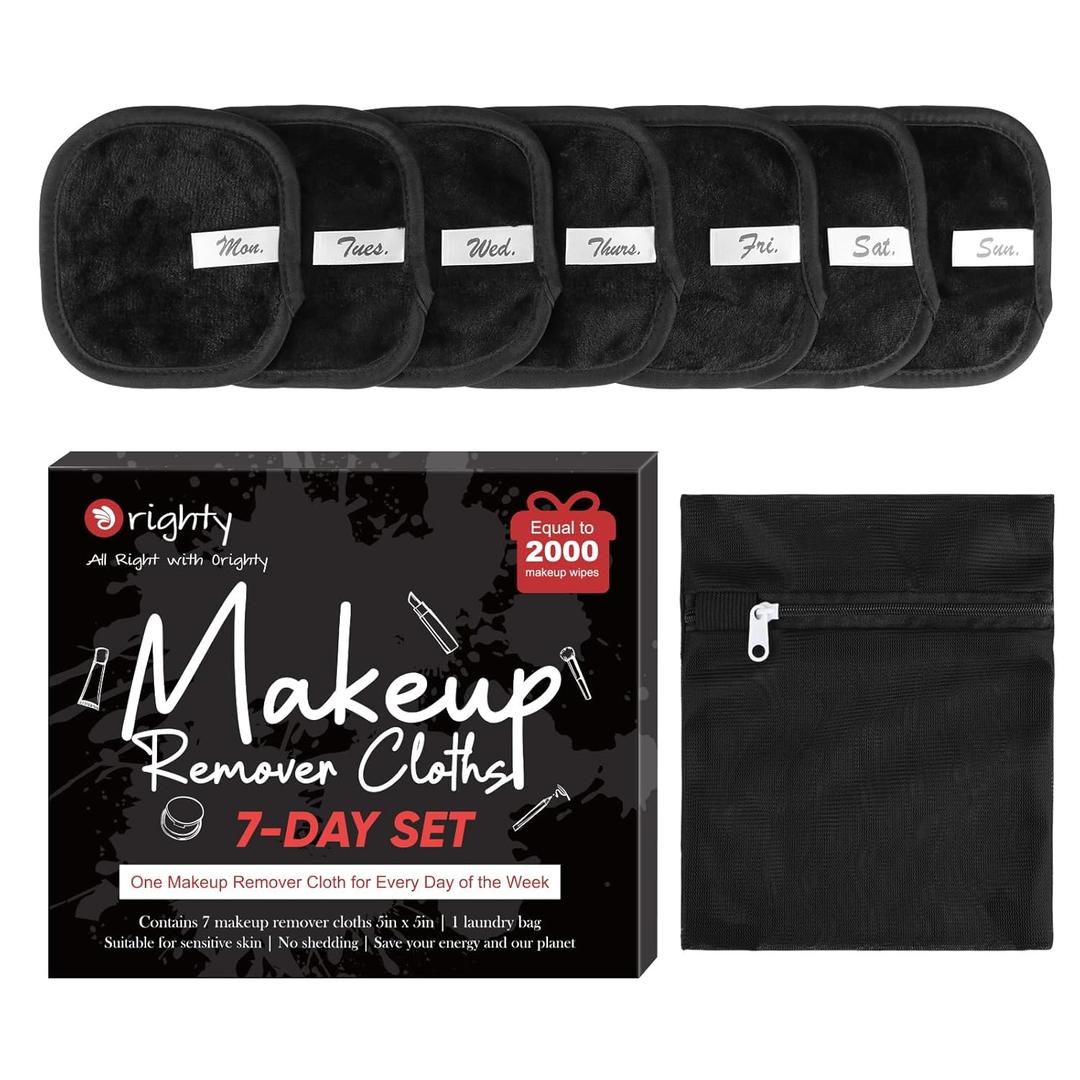 Orighty Makeup Remover Cloths 7-Day Set, Premium & Reusable Makeup Remover Pads, Erase Make-up With Just Water, Make-up Set For Eyes, Lips, Foundation and more, Ideal Choice For Women (Black) (1 Count (Pack of 7))