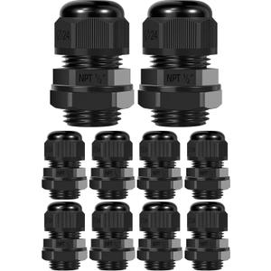 2 x Oualhoo 1/2" NPT Nylon Cable Connector, Strain Relief Cord Connector, IP68 Waterproof Adjustable Locknut, Wire Pass Through Grip, Black, 10 PCS