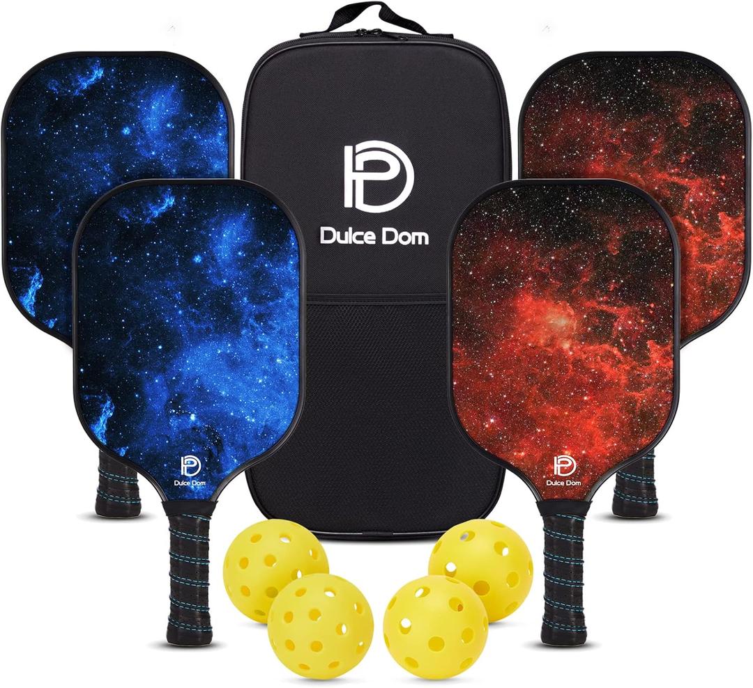 Dulce DOM Pickleball Paddles Set of 2/4 - USAPA Approved, 4 Indoor Outdoor Pickleball Balls, Fiberglass Surface Paddle Racket with Cover Bag, Ideal Training Equipment Gift for Men & Women (Starry Sky-4PK)