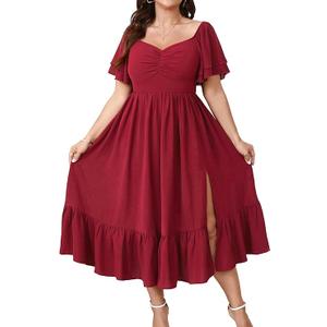 SCOMCHIC Womens Plus Size Wedding Guest Cocktail Dresses Sweetheart Neckline Short Sleeve Smocked Ruffle Slit Maxi Dress, Size 4XL