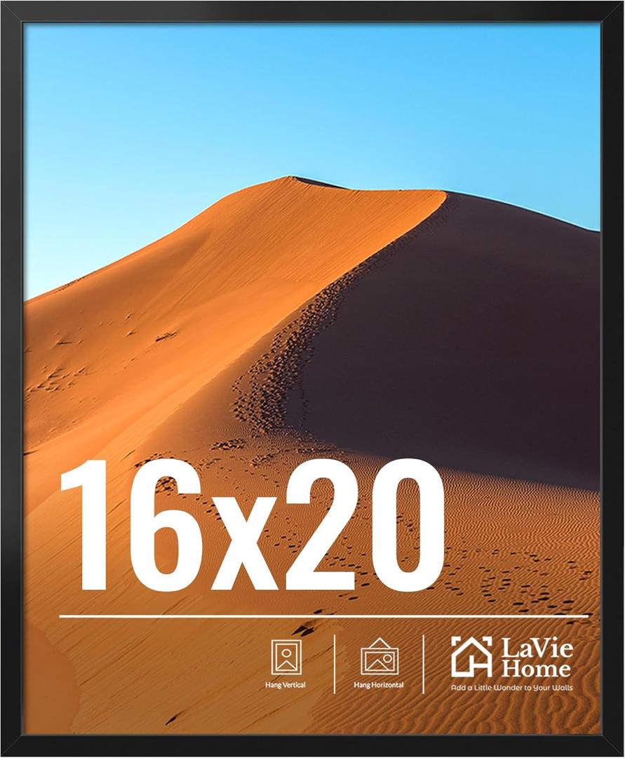 LaVie Home 16x20 Picture Frame for Wall Display, 16x20 Black Picture Frame with HD Plexiglas, 16 x 20 Poster Frame 1 Pack, Display Frame for Vertical or Horizontal, Classic Collection