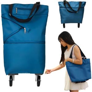 JIANWEI Collapsible Shopping Cart with 360 Swivel Wheels, Portable Folding Trolle-y Grocery Bag, Reusable Foldable Tote Grocery Cart Large Capacity Used for Travel and Home(Lake Blue)