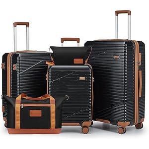 Luggage Sets 3 Piece, Hard Shell Carry on Suitcase with Spinner Wheels and TSA Lock, Travel Lightweight Luggage Set with YKK Zippers (Black, 5 piece sets（20/24/28/DB/TB)