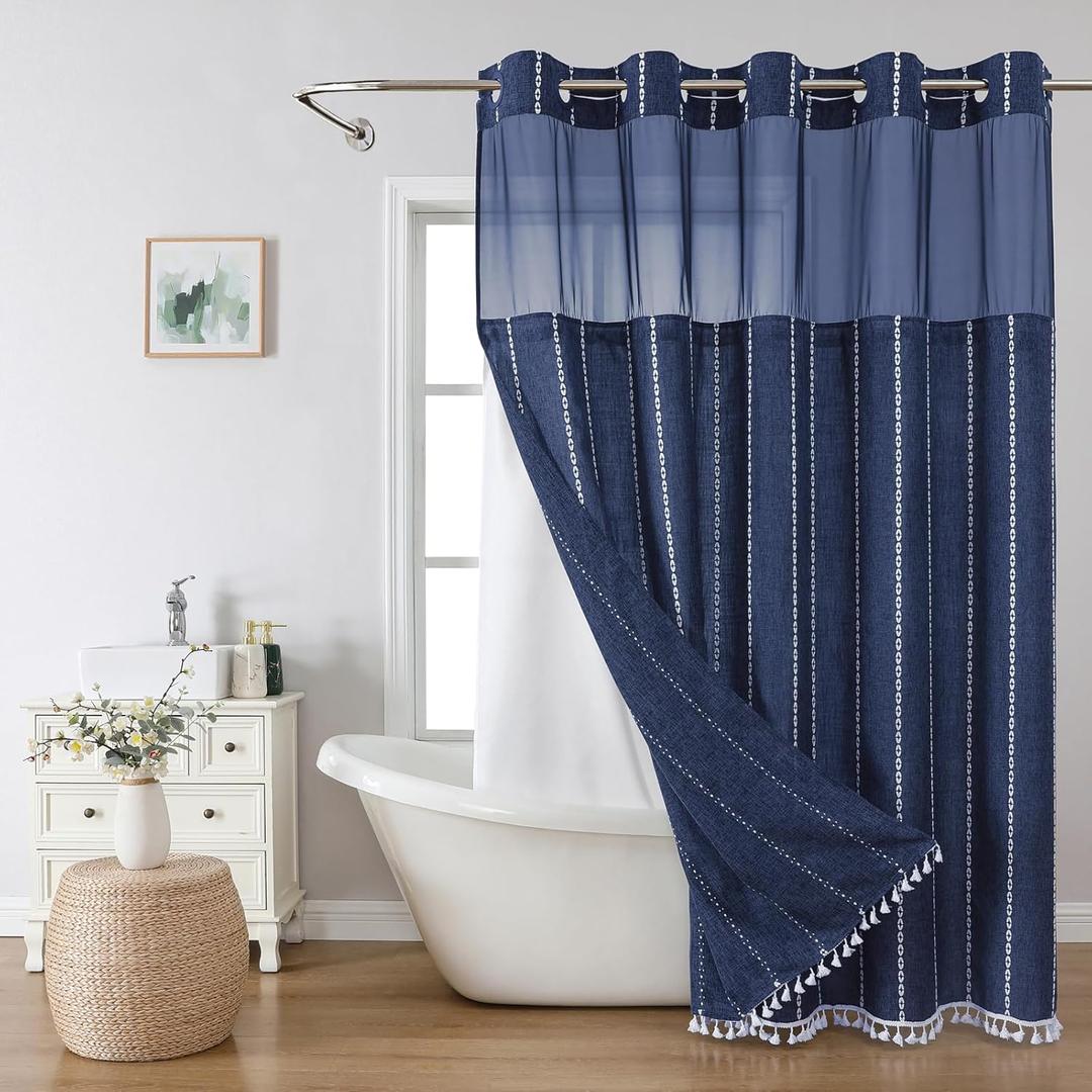 eachope No Hook Boho Farmhouse Shower Curtain with Snap-in Liner Set,Linen Rustic Heavy Duty Striped Fabric Shower Curtain with Tassel,Hotel Style Cloth Shower Curtains for Bathroom,Navy Blue,71x74