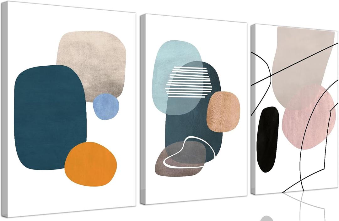 ouiytws Abstract Wall Art Set of 3  Mid Century Modern Geometric Canvas Prints, Minimalist Teal Orange Beige Artwork for Living Room, Bedroom, Office, Bathroom Wall DcorFrame 16x24in