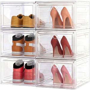 Thickened Clear Shoe Storage Organizer with Magnetic Door, Sturdy Stackable Shoe Boxes for Closet, Collapsible Space-Saving Shoe Rack for Sneakers & Boots, Plastic Shoe Cabinet Box Set, 6 Pack, White