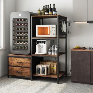 Mini Fridge Stand with Adjustable Shelf, Power Outlet & Storage, Kitchen Organizer for Microwave, Coffee Bar, Dorm, Office (Brown)