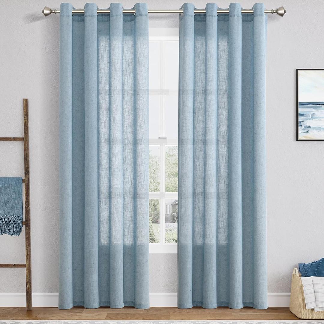 Blue Curtains 84 Inch Length 2 Panels Set for Bedroom 2 Panels Set Grommet Faux Linen Semi Sheer Light Filtering Curtains Dirty Blue Aesthetic Window Curtain Drapes for Living Room Bedroom 52X84