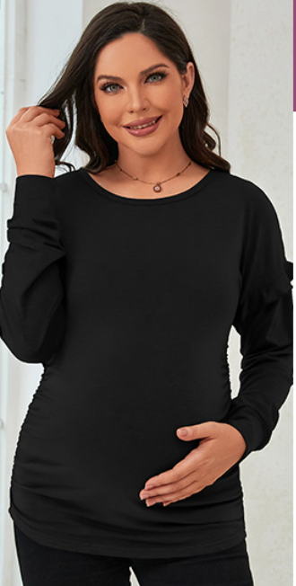 DEBELLY Maternity Sweatshirts Ruffle Long Sleeve Crew Neck Pregnancy Shirts Drop Shoulder Women Casual Tunic Tops Side Ruched (Medium, Green)