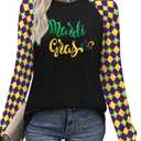 Mardi Gras Shirts for Women: Tuesday Long Sleeve Tshirt Carnival Graphic Tees Tops Funny Holiday Parade Outfits Black B