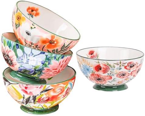 Gnlnkn Set of 4 Hand-Painted Ceramic Bowls with Underglaze Decoration, 5.5 Inch – Floral Pattern, Microwave & Dishwasher Safe
