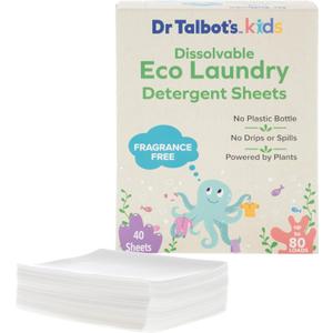 Dr. Talbot's Kids Eco Laundry Detergent Sheets Fragrance Free, Gentle on Skin, Plant-Based, Biodegradable, No Harsh Additives, Dissolvable for Standard & HE Machines, 40 Sheets (Up to 80 Loads)