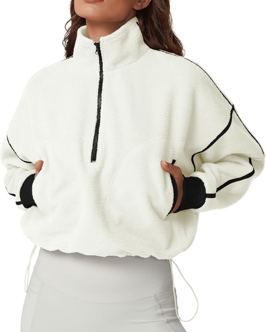 QINSEN Women's Half Zip Fleece Short Pullover Sweatshirt Winter Long Sleeve Cozy Sherpa Sweater Top (White, L)