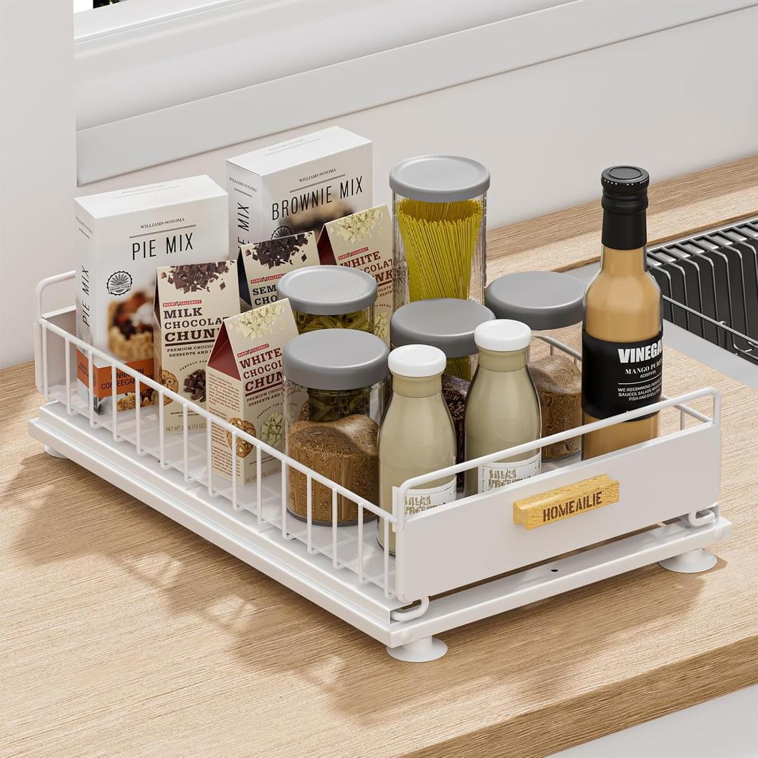 Under Sink Organizer, Single Tier Metal Pull Out Sliding Drawer Shelf for Kitchen Bathroom Cabinet Storage, Sturdy Rack  White