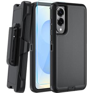 for Samsung S25 Edge Case with HD Tempered Glass Screen Protector, for Galaxy S25 Edge Heavy Duty Phone Case (with Belt Clip-Black)