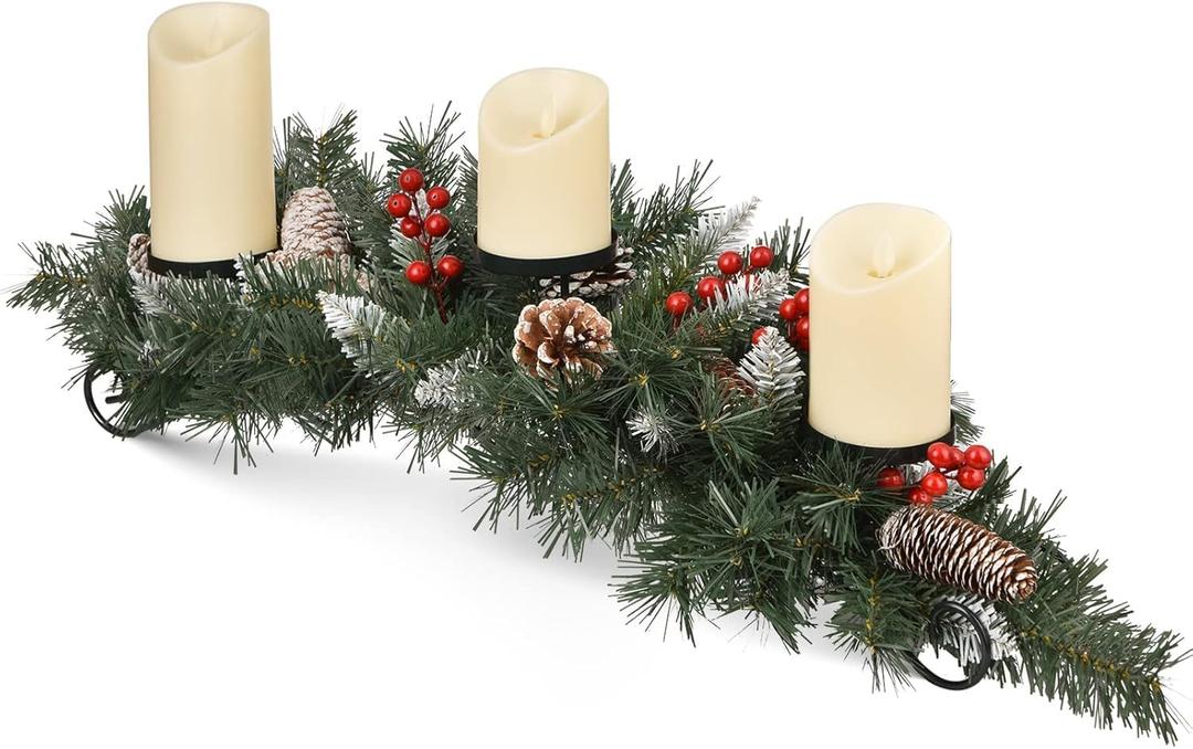 Christmas Table Centerpieces with 3 Flameless LED Candles, Christmas Candle Holders,Upgraded Christmas Tabletop Poinsettia Centerpiece Holiday Candelabrum for Home Party Table Mantel Decorations