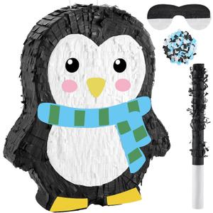 Lewtemi 15.1 Inch Penguin Piata Penguin Supplies Candy Animal Piata with Stick Confetti and Blindfold Gift for Boy Girl Adult Winter Theme Birthday Party Supplies Decorations (Classic)