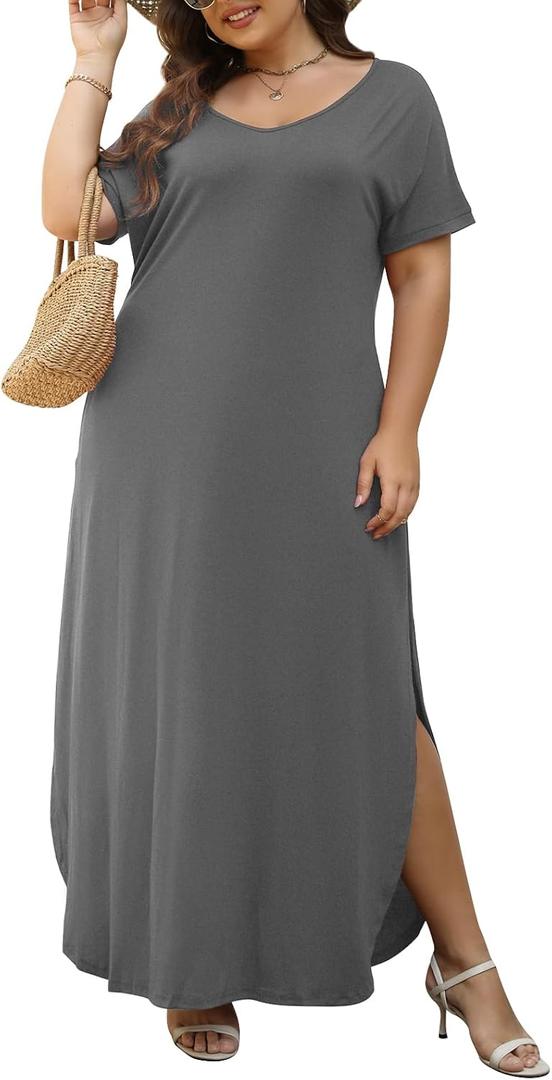 Nemidor Plus Size Maxi Dresses for Curvy Women Casual Summer Slit Loose Short Sleeve Long Dress with Pocket 14-26 (Gray)