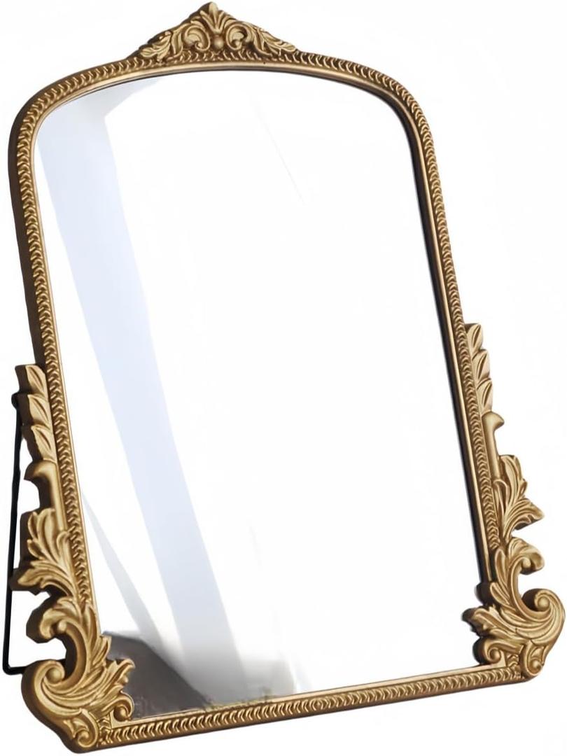 Large Vintage Gold Table Mirror  16" x 20" Antique Arched Design with Wooden Frame, Oversized Vanity Mirror for Bedroom, Living Room, Makeup Table