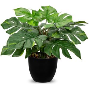 Hollyone Artificial Monstera Plant Faux Monstera Plant Potted Fake Tropical Plants in Black Pot for Indoor Outdoor Home Desk Office Garden Farmhouse Decoration