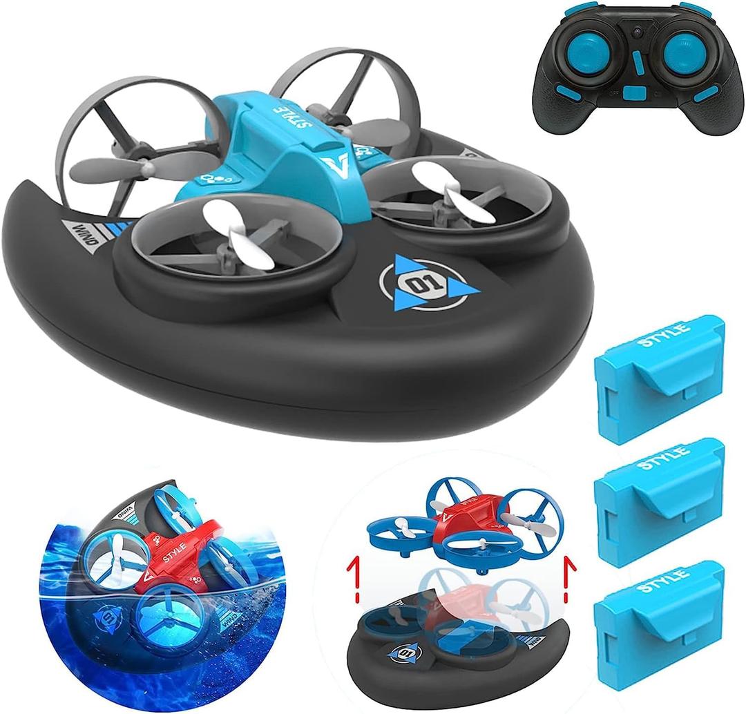 3 In 1 Sea Land and Air 360 Rolling Waterproof RC Drone,AIROKA Four Axis Aircraft High Speed Drift Cars RC Foam Boat Toys,For Beginners and gift to Boys or Girls(bule)
