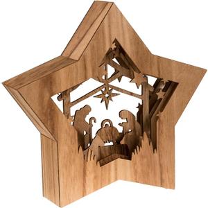 Clever Creations Wooden Star Shaped Nativity Scene Christmas Ornament, Festive LED Holiday Décor for Shelves and Tables, Brown