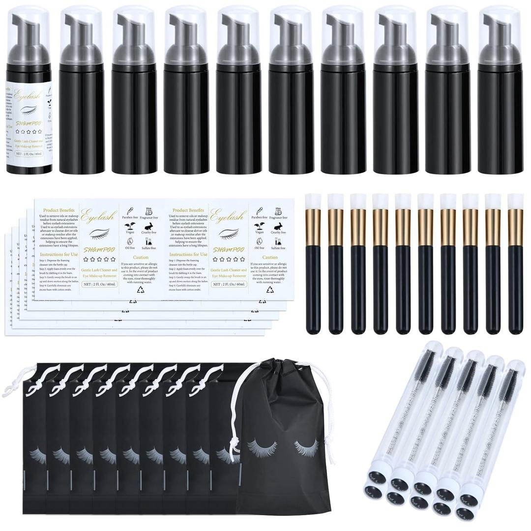 50 Pcs Lash Shampoo Bottle Brushes Set 10 Empty Foam Pump Dispensers 10 Label Stickers 10 Mascara Wands and Tubes 10 Cleansing Brush 10 Bag for Eyelash Extensions Aftercare(Black)