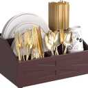 Paper Plate Dispenser,for Countertop,Paper Plate Holder for Kitchen Counter,Wood Rustic silverware holder,paper plate organizer for Fork Knife Spoons Plates,Silverware Caddy for Party,Camping (Brown)