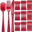 Minatee 150 Pieces Disposable Cutlery Set Plastic Silverware Heavy Duty Utensil Sets 50 Forks 50 Knives 50 Spoons for Home Office School Party Picnics Restaurant Outdoor Events(Red)