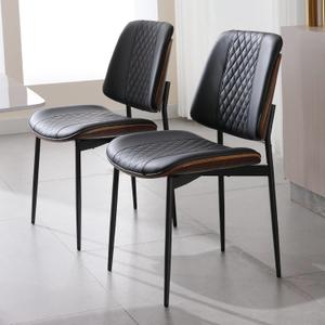 BV Dining Chairs Set of 2, PU Leather Armless Kitchen Chair in Modern Walnut Style, Mid Century Bentwood Side Chair with Metal Legs, Retro Accent Guest Chair for Kitchen Dining Room (Black)