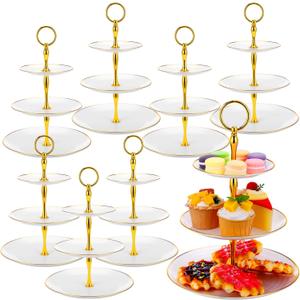 8 Pack 3 Tier Cupcake Stand Bulk Tiered Dessert Stand Thick Plastic Serving Tray with Gold Edges Dessert Table Display Set Tea Cake Holder for Wedding Birthday Party(White)