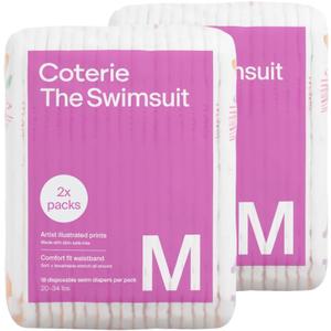 Coterie Baby Swim Diapers, Size Medium (20-34 lbs), 2-Pack (36 Total Diapers) | Disposable Water Diapers for Pool & Beach | Hypoallergenic, No-Swell Design for Sensitive Skin