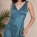 Summer Satin V Neck Backless Midi Dresses for Women 2025 Silky A line Formal Low Back Sleeveless Wedding Guest Long Dress (Blue, L)