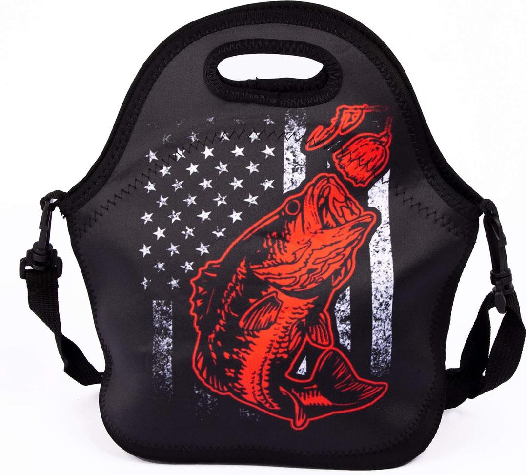 Portable Cooler Bag Bass Fishing Lure And American Flag Lunch Box Package with Adjustable Strap for Boys Teens Work Travel and Picnic