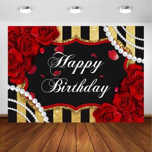 Avezano Red Rose Birthday Backdrop for Girls Woman Party Decorations Red Roses Floral Pearl Black and Gold Stripes Happy Birthday Party Banner Photoshoot Photography Background Party Supplies (8x6ft)