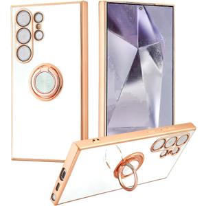 Shockproof Case for Samsung Galaxy S25 Ultra, with 360 Rotatable Ring Holder Magnetic Kickstand, Plating Rose Gold Edge Slim Soft Protective Cover, White