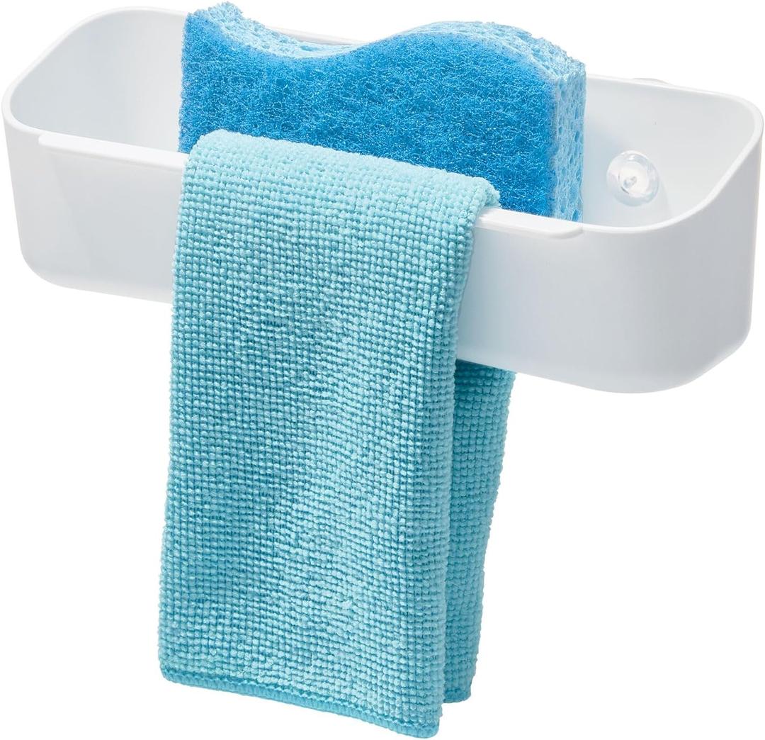 iDesign Suction Kitchen Sink Caddy Sponge Holder with Dishcloth Bar - White